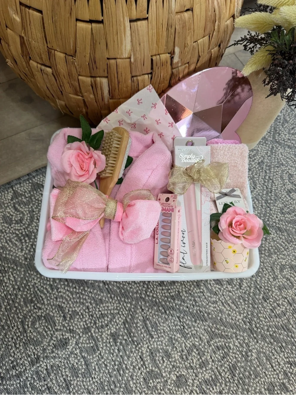 New Women’s Custom Gift Basket- Robe, Hair Straightener, Nails, Beauty Gift Set